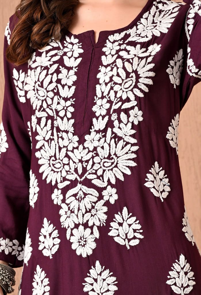 Hand Embroidered Chikankari Plazo Set 3d Work- Wine