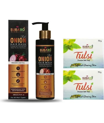 Red Onion Herbal Hair Wash | Prevents Hair Fall |Makes Hair Silkier & Stronger 200 Ml & Tulsi Soap 2 Pc Each 75 G