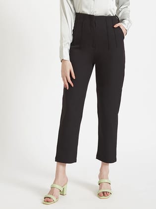 Women'S Luxury Banana Crepe Black Skin Fit Multi Pleated Trouser-28