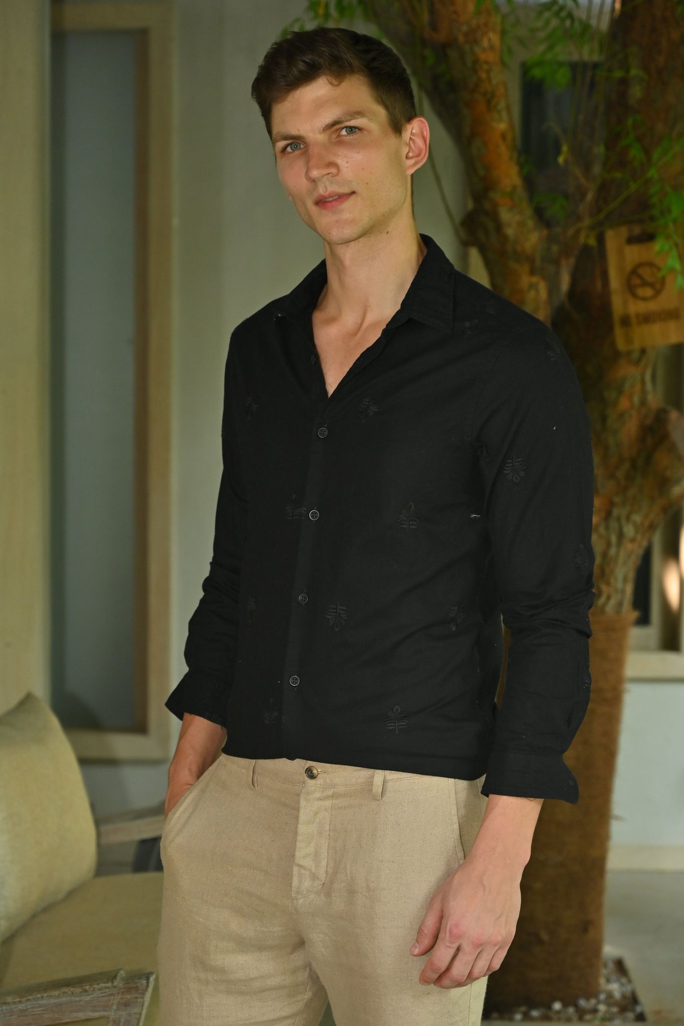 Viva - Linen Embroidered Shirt - Black-S-38 / BLACK