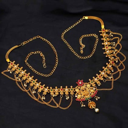 Maroon & Green Color Glass Stone Kamarband (KMBND352MG)-Adjustable Chain / Maroon / Alloy With Good Quality Gold Plated