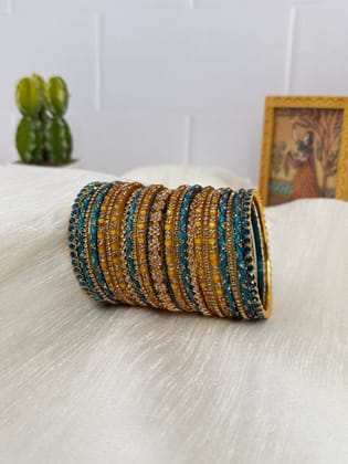 Beautiful Mustard Yellow and Blue Glass & Stone Bangle Set - 5115-2.4 / Both Hands (you will get 2 sets)