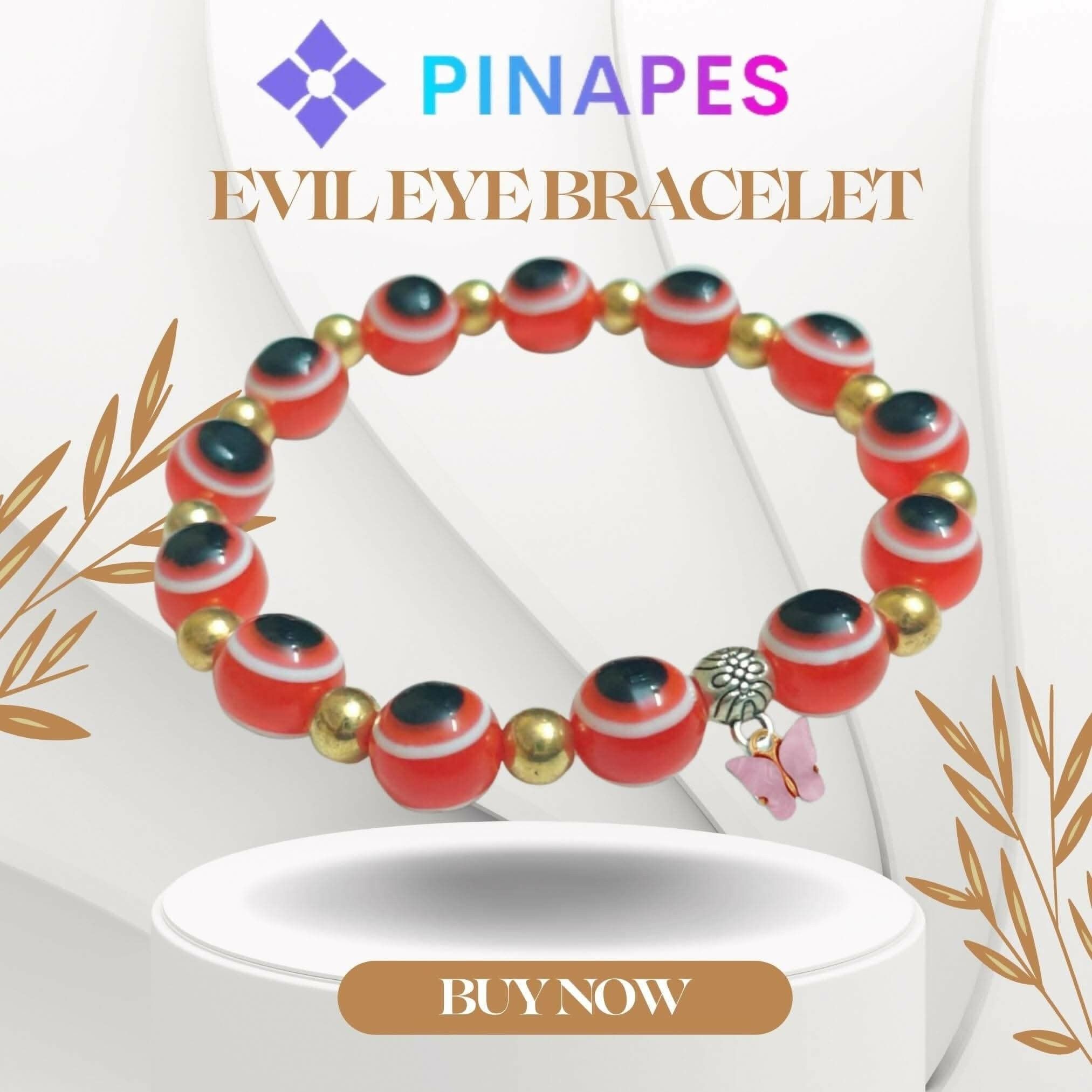 Pinapes Butterfly Beads and Evil Eye Charm Bracelet โ Red with Pink Butterfly, Fashionable Protection Jewelry for Women