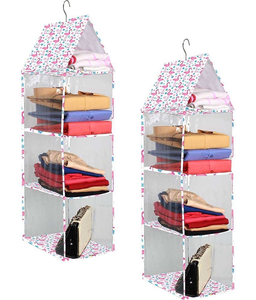 PrettyKrafts Hanging Rack 3 Blocks, Side Clear Storage Racks, Dormitory Closet for Students, Wardrobe Shelves, Hanging Organiser, Storage Holders & Racks Clear_Pink Duck,Pack of 2