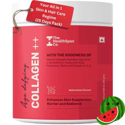 The Healthspan Co. Korean Marine Collagen++ | Hydrolyzed Collagen Type I and III | 250gm, 25 Serves, Watermelon Flavour-50 Serves