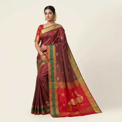 Red And Brown Banarasi Satin Zari Woven Peacock Motif Saree For Women Red And Brown Banarasi Satin Zari Woven Peacock Motif Saree For Women