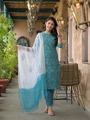 Teal Blue floral Kurta Pant Set-S