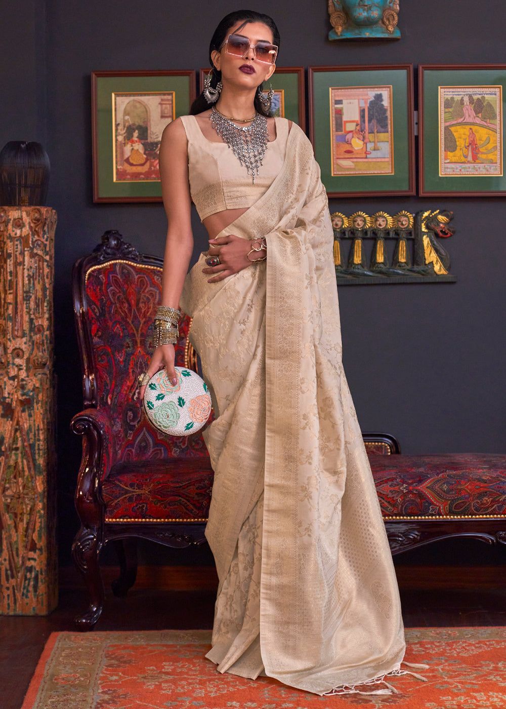Classic Beige Banarasi Katan Silk Saree