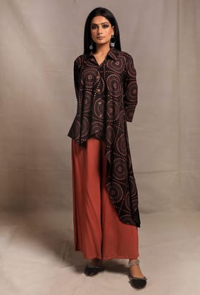 Black Hand Block Printed Asymmetrical Shirt Tunic-XXL