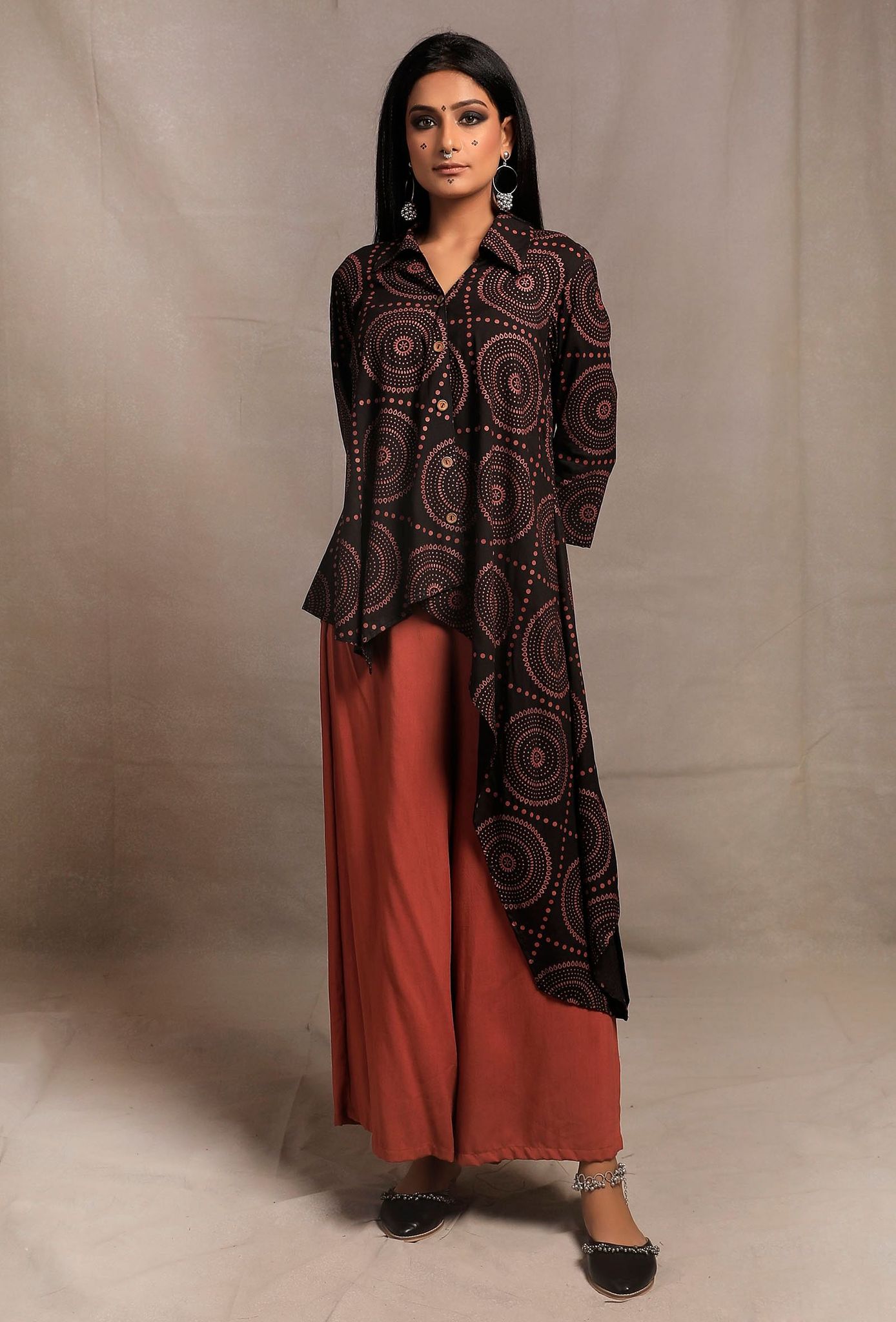 Black Hand Block Printed Asymmetrical Shirt Tunic-XXL