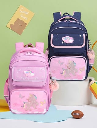 Premium Quality Large Capacity Unicorn Embroidery Printed School Bags-Navy Blue