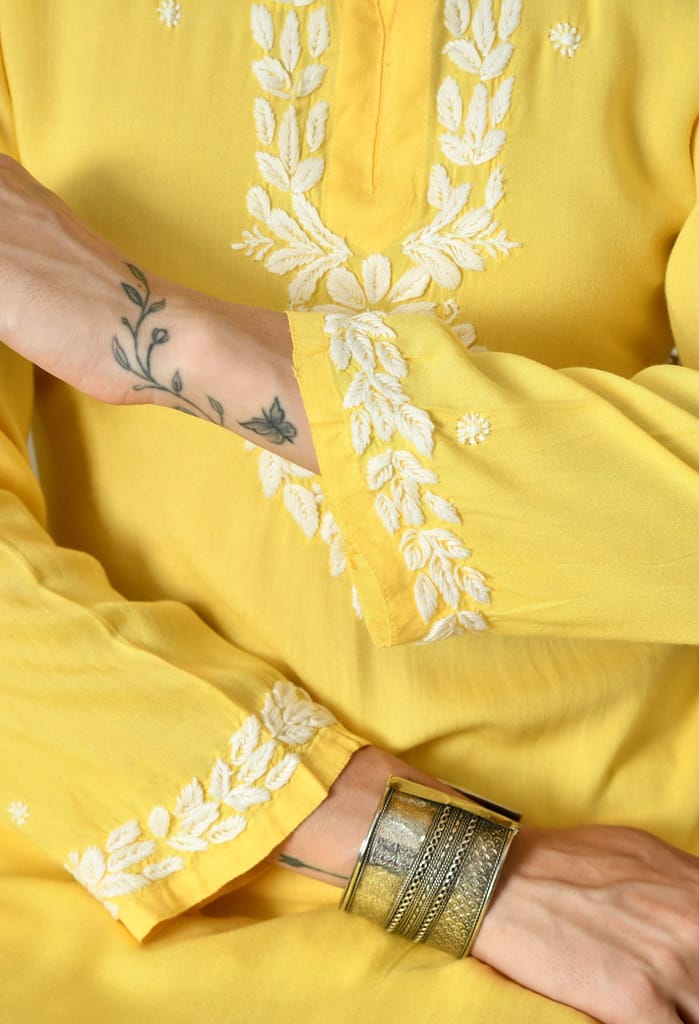 Saanjh – Sunshine Yellow Rayon Kurta with Classic Chikankari
