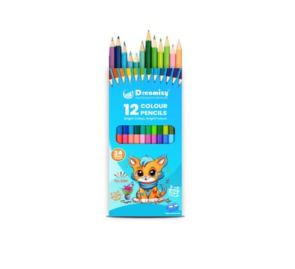Dual Colour Pencils - 12 Pencils | 24 Shades with Sharpener | Long Wooden Colouring Pencils for Kids & Adults