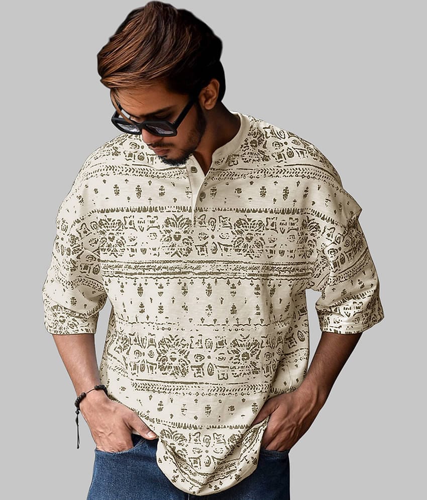 Eyebogler Cotton Blend Oversized Fit Printed Half Sleeves Men's Henley T-Shirt - Beige ( Pack of 1 )