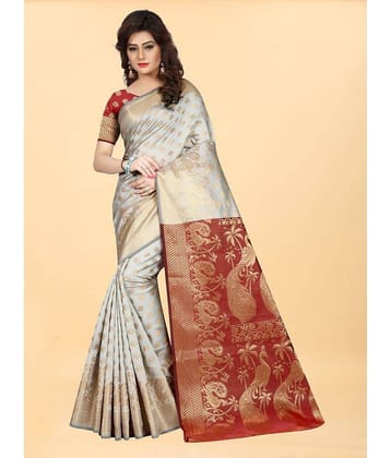 Gazal Fashions Banarasi Silk Embellished Saree With Unstitched Blouse Piece ( Cream )
