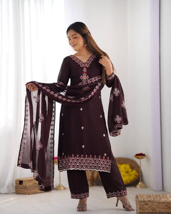 Party Wear Look Top-Bottom and Dupatta-M / Wine