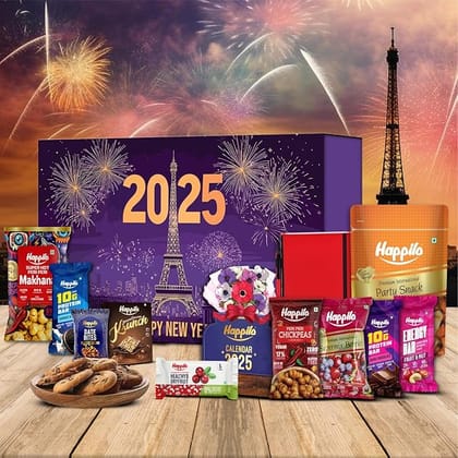 Happilo New Year Gift Box Paris 500g Festive Treats & Snacks Reed Diffuser Calendar Playing Cards Diary Krunch Party Snack Berry Mix Bars Chickpeas Date Bites Makhana (Peri Peri)
