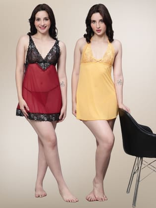 Women's Set Of 2 Maroon & Yellow Strap Net Baby Doll-M / Maroon/Yellow