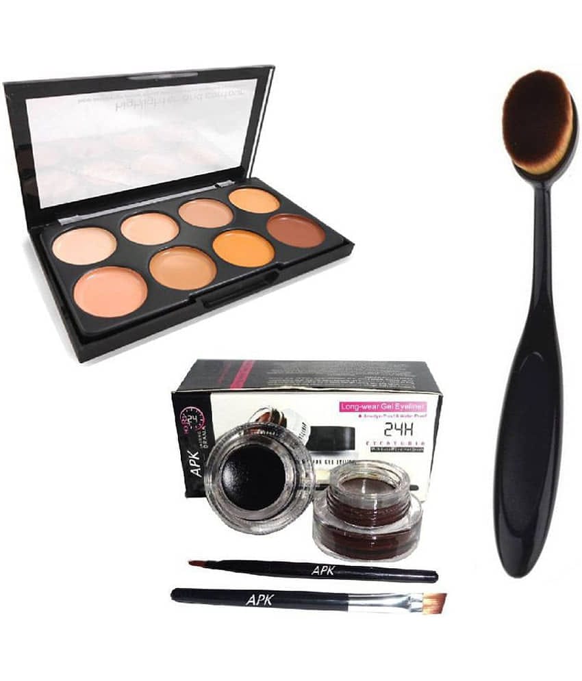 Lenon Beauty Highlighter and Contour 8 Shades Concealer Palette with Oval Foundation Brush And Music Flower Gel eyeliner (Black+Brown)