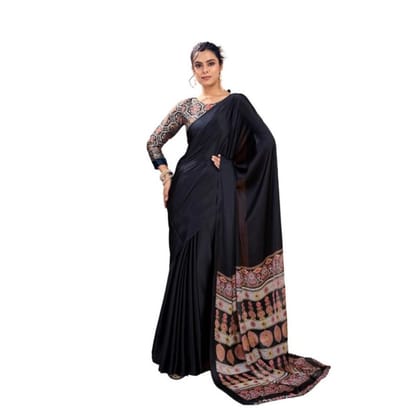 womens satin crepe printed saree with unstitched blouse 5mtr black pid64995