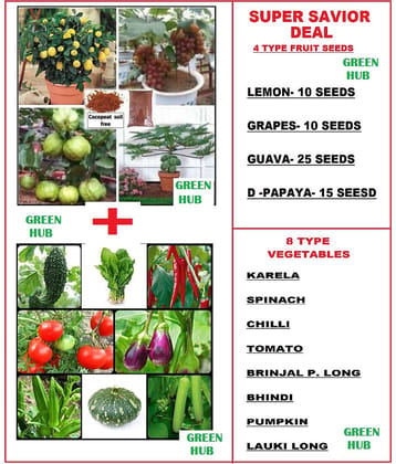SUPER SAVIOR DEAL 4 TYPE FRUIT SEEDS COMBO WITH 8 TYPE VEGETABLE SEEDS COMBO PACK FOR HOME GARDENING PURPOSE COCO PEAT FREE FOR FRUIT SEEDS WITH USER MANUAL
