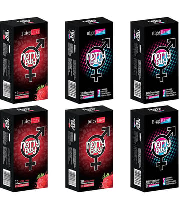 NottyBoy Strawberry Flavour Thin and 4 IN 1, Ribbed,  Dotted, Contour, Extra Time Condoms - 60 Units