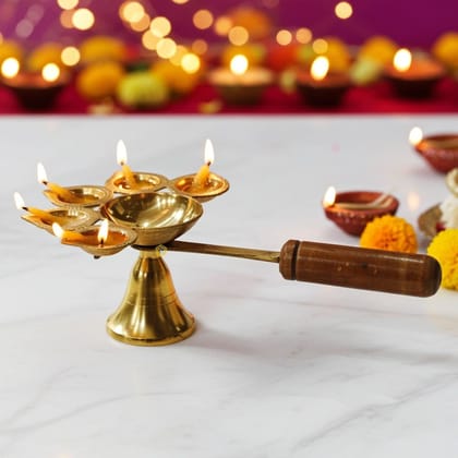 Brass Wooden Handle Panch Arti No. 4 (FMAS649 E)