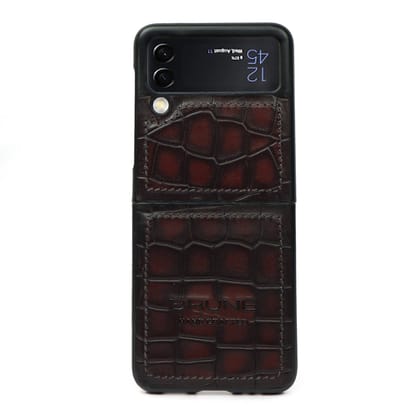 Samsung Galaxy Flip Series Dark Brown Deep Croco Textured Leather Mobile Cover by Brune & Bareskin-FLIP 4