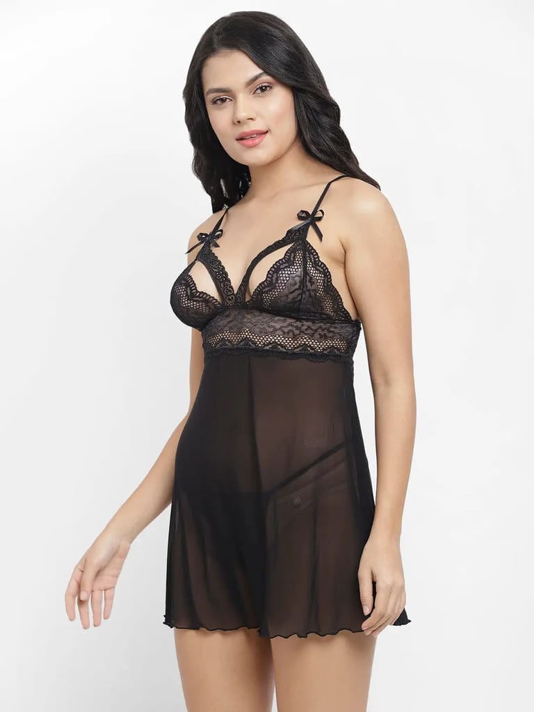 Relaxed Fit Nylon Elastane Babydoll with Thong - Black - Nightwear & Loungewear | Buy online on ZillyBuy