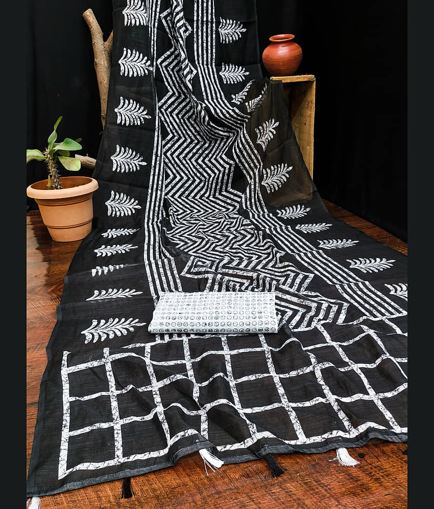 ANAND SAREE Cotton Blend Printed Regular Saree With Unstitched Blouse Piece ( Black )