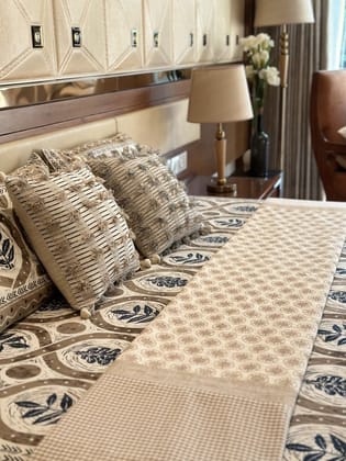 KRI India Bloom Schiffli Gold Checks Dohar|Single|108x108 inches | Ivory and Gold Beige  | Wash & Care | 100% Cotton | Handcrafted in India. 100% organic & natural.