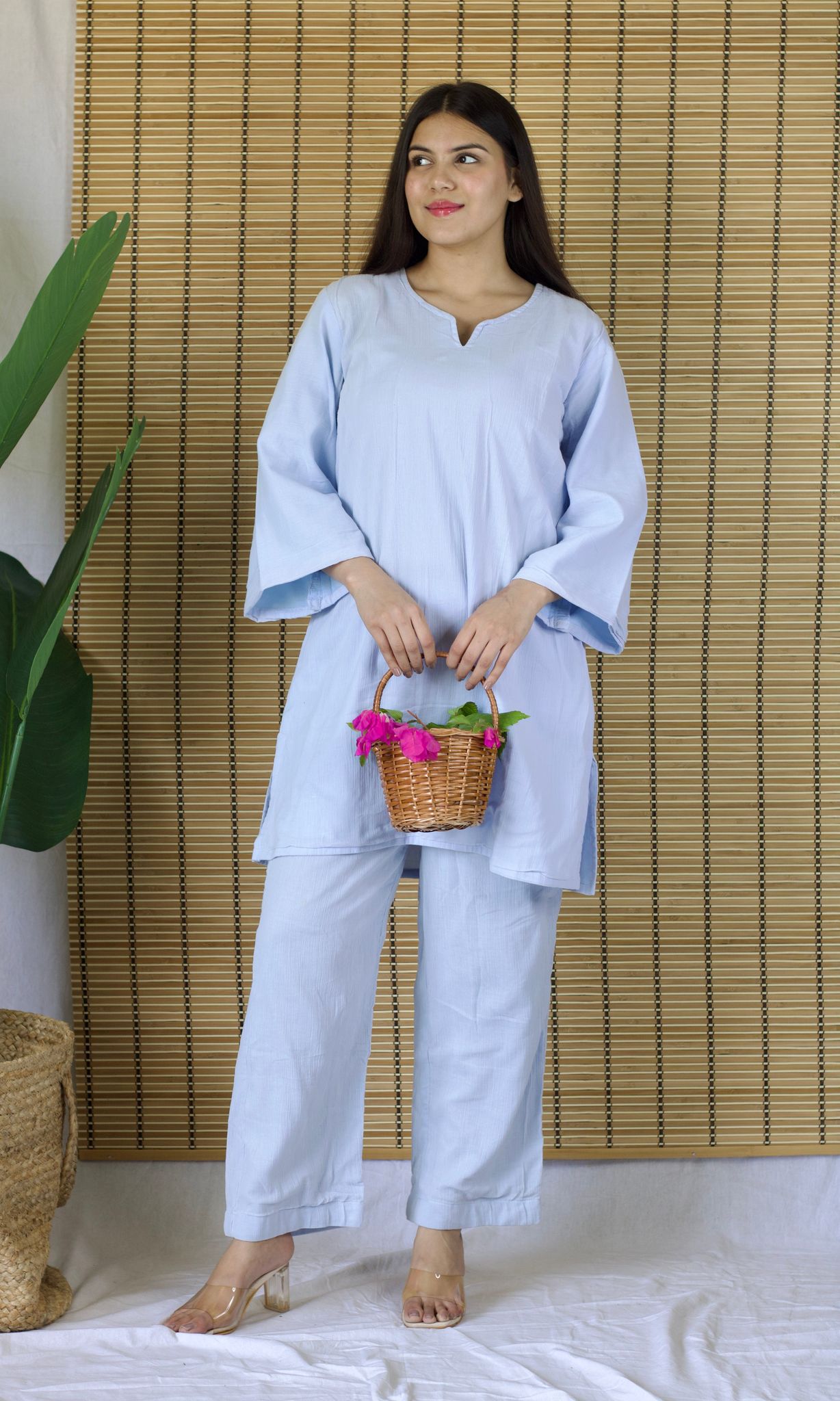 Light Blue Relaxed Fit Co-ord Set with Bell Sleeves-S