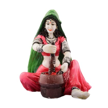 Polyresin Rajasthani Lady Grinding Chilli Handcrafted Decorative Showpiece (Green, Orange)