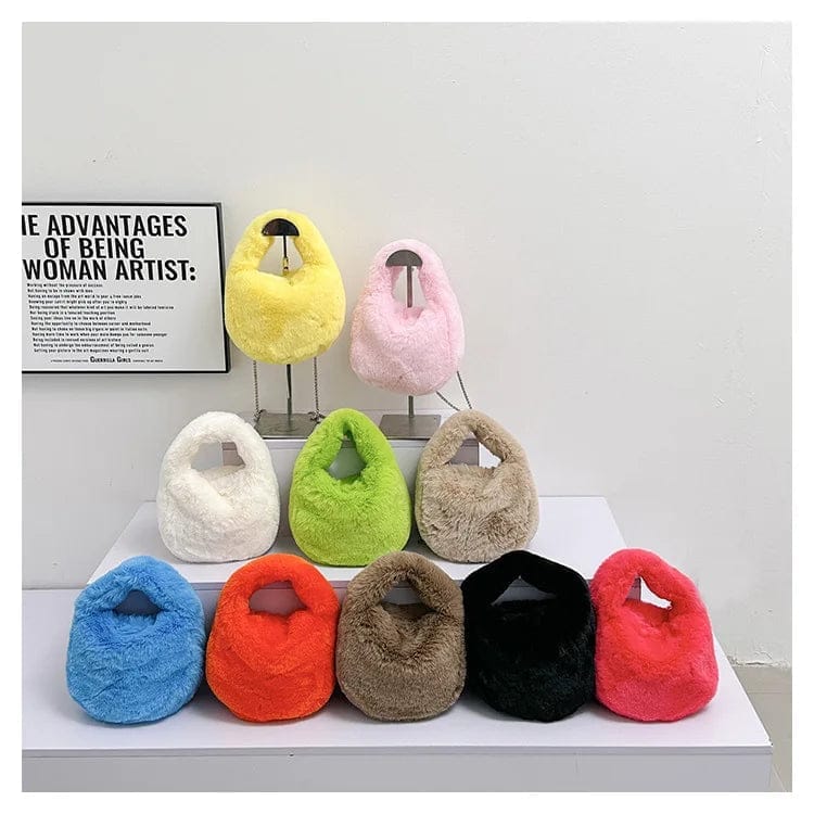 Fur Women's Small Hobo Bag Luxury Warm Plush Wrist Bags for Women Fashion Furry Short Handle Clutch Cute Ladies Fluffy Purses