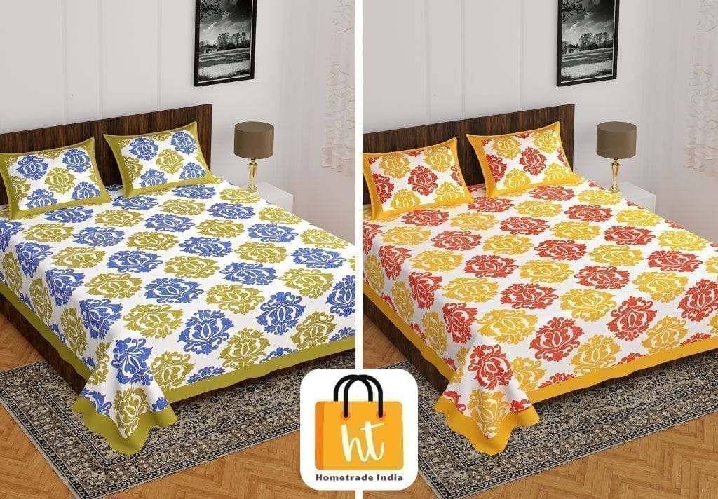 3001-Hometrade India-Standard King Size (90*108 Inches) Double Bedsheet With 2 Pillow Cover-RJ-14-Jaipur lining-3403