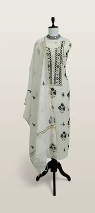 Chikankari Mul Chanderi Dress Material Ivory Black Floral