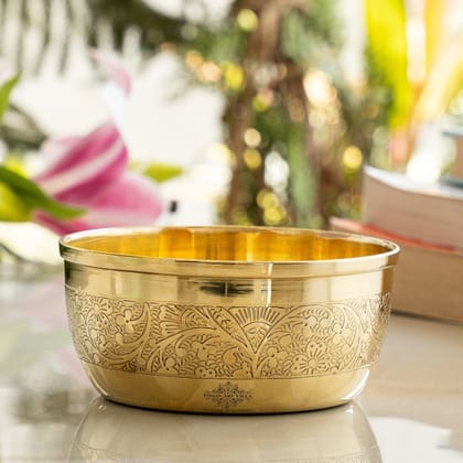 Pure Brass Embossed Design Flat Bottom Bowl, Decorative Dinnerware, Tableware and Serveware for Home Hotel Restaurant, Volume-200 ml-300ml / 1