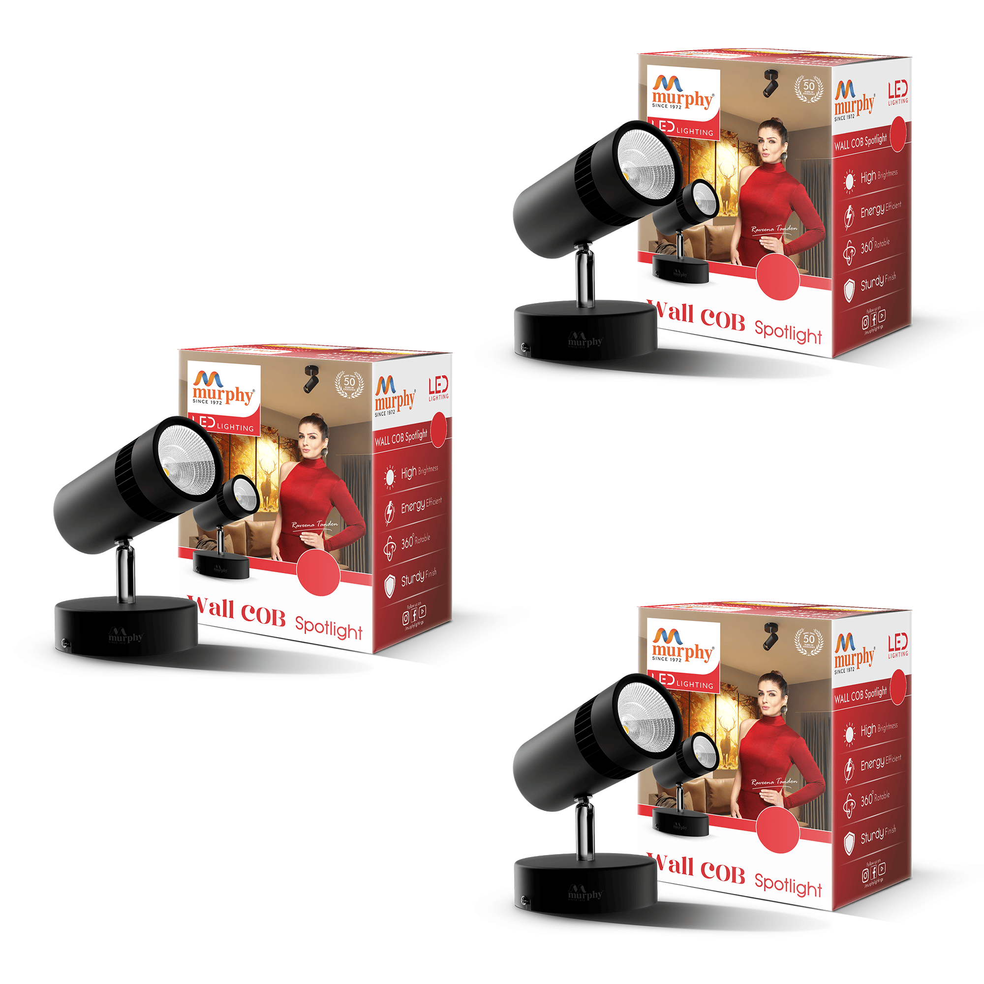 Murphy 10W Adjustable Aliminum LED Wall COB Black Body-Cool White / Pack of 3