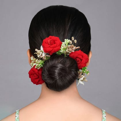 Red Color Rose Flower Gajra For Women Hair Pin (HRP229RED)-Length: 22.00 CM x Width: 4.50 CM / Red / Alloy