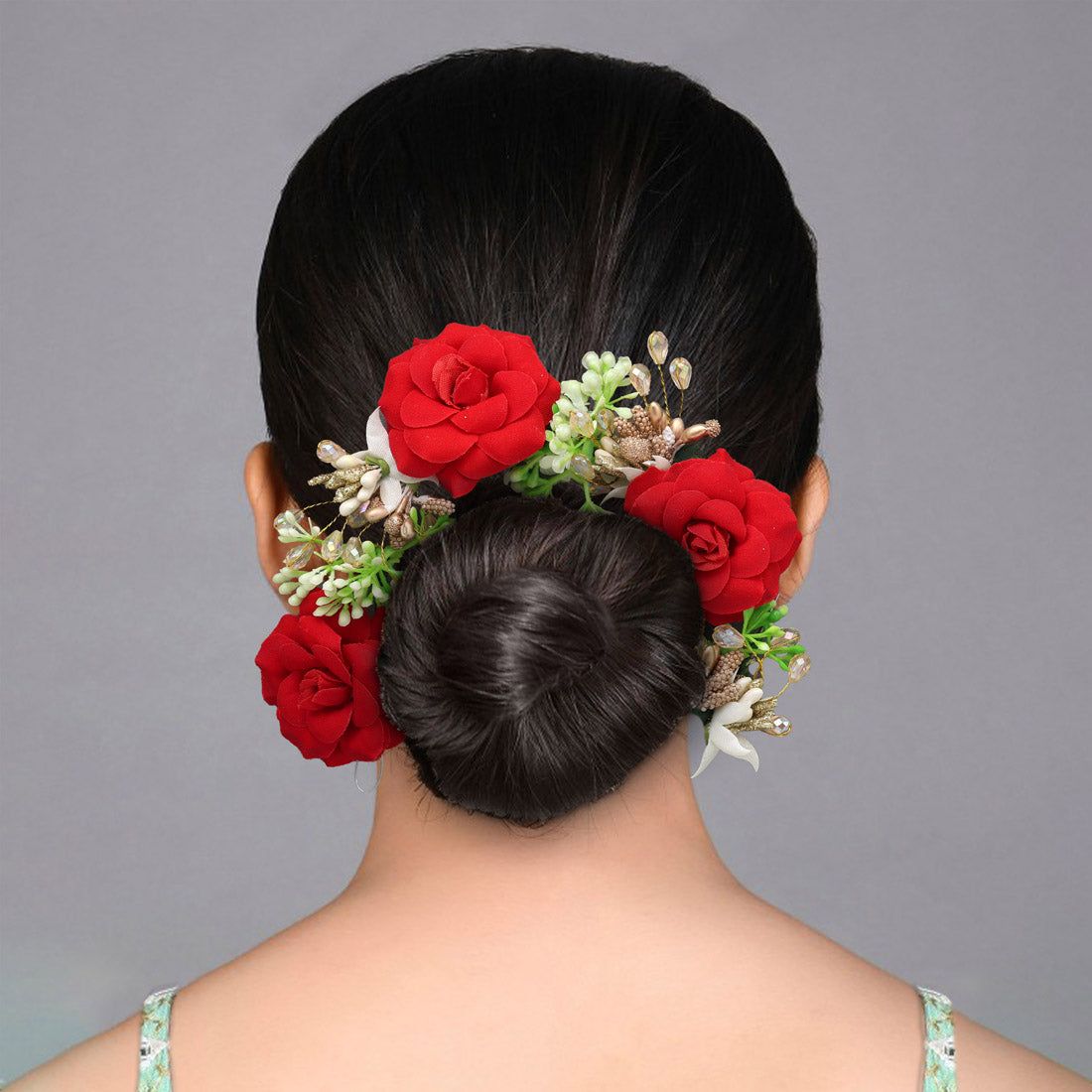 Red Color Rose Flower Gajra For Women Hair Pin (HRP229RED)-Length: 22.00 CM x Width: 4.50 CM / Red / Alloy