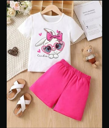 CUTEVIBE Pack of 1 Baby Girls Cotton Blend T-Shirt & Shorts ( White & Pink )