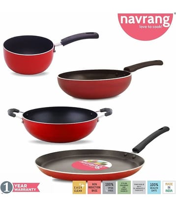 Navrang Nonstick 4pc Cookware Set ,Tawa 26cm + Kadai 20cm + Fry Pan 20cm + Sauce Pan 16.5cm, Red