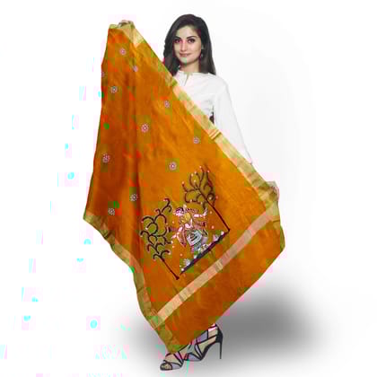 Nayika Theme Pattachitra Handpainted Chanderi Silk Dupatta