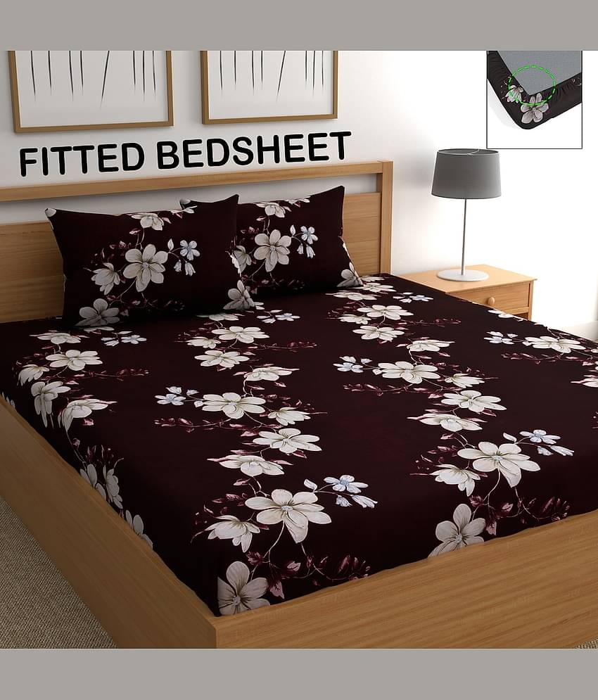 CG HOMES Microfibre Abstract Fitted Fitted bedsheet with 2 Pillow Covers ( Double Bed ) - Brown