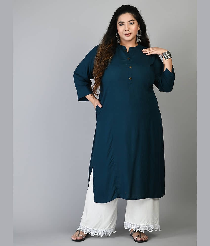 PrettyPlus by Desinoor.com Rayon Solid Straight Women's Kurti - Teal ( Pack of 1 )