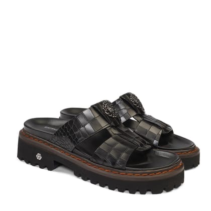Deep Cut Croco Thick Thread Black Super Chunky Slide-in Slippers.-40/6