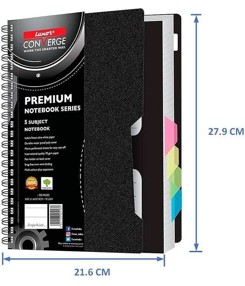 Luxor 5 Subject Notebook | 70 gsm Paper | Single Ruled | Pages - 300 | 21 x 29.7 CM | Spiral Binding | Pack of 1
