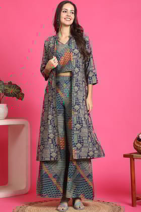 Navy Blue Abstract Printed Premium Chanderi Co-Ord Set for Women | S-3XL | Claura-S