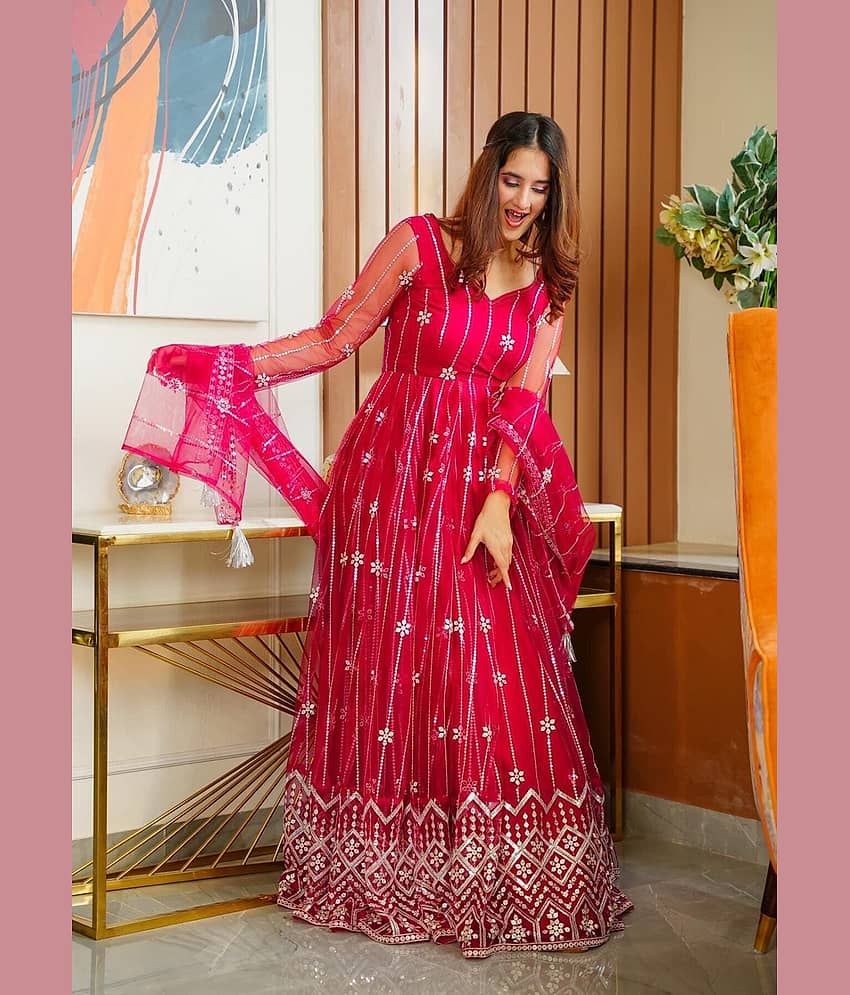 Apnisha Red Flared Net Women's Semi Stitched Ethnic Gown ( Pack of 1 )