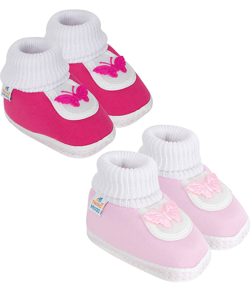 Neska Moda Baby Unisex Set Of 2 Pair Booties for 0 to 3 Months (Pink,Pink) -BT377andBT381